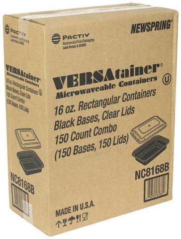 Pactiv VERSAtainer Polypropylene Microwaveable Rectangle Black Base Takeout Container and Clear Lid, 16 Ounce Capacity -- 150 per case
