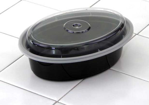 Pactiv VERSAtainer Polypropylene Microwaveable Black Oval Takeout Container and Clear Lid, 16 Ounce Capacity -- 150 per case