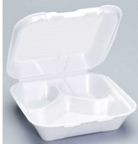 Genpak Snap-It Expanded Polystyrene Foam White Square Medium 3-Compartment Hinged Container, 8.25 x 8 x 3 inch -- 200 per case