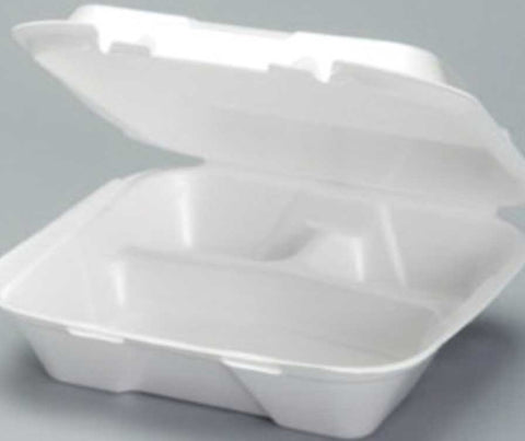 Genpak White Vented Large 3 Compartment Snap It Foam Hinged Dinner Container, 9.25 x 9.25 x 3 inch -- 200 per case