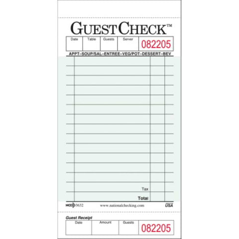 National Checking Rectangular Medium Cardboard Green 15 Lines One-Part Guest Check, 6.75 x 3.5 inch -- 2500 per case