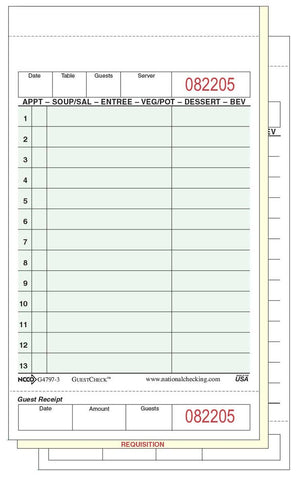 National Checking Medium-Wide Green Three-Part Carbonless Guest Check with Beverage Backer, 7.25 x 4.25 inch -- 2000 per case