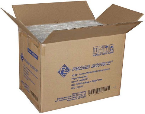 Bunzl Prime Source White Red Paper Jumbo Straw - Wrapped, 10.25 inch -- 2000 per case