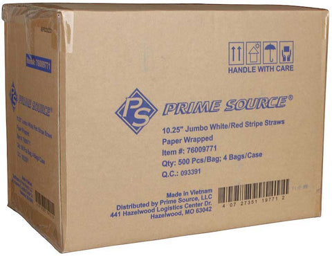 Bunzl Prime Source White Red Paper Jumbo Straw - Wrapped, 10.25 inch -- 2000 per case