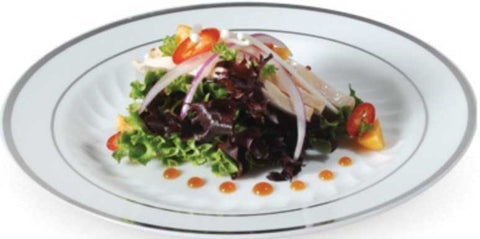 Fineline Silver Splendor Plastic White/Silver Dinner Plate, 9 inch -- 120 per case