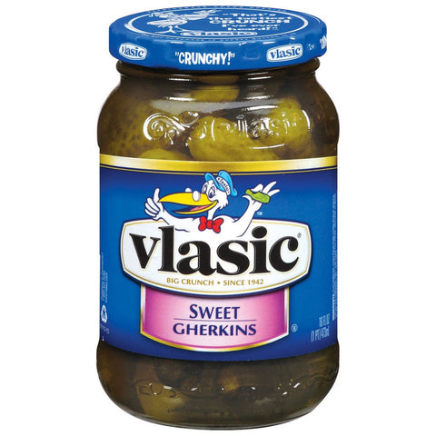 Vlassic Crunchy Pickles, Sweet Gherkin - 16 Ounce -- 12 per case.