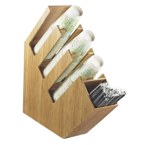 Cal Mil Bamboo Cup/Lid and Straw Holder, 4.625 x 20 x 19.5 inch.