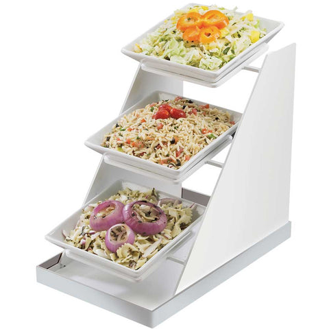 Cal Mil Luxe Three Tier Three White Stainless Steel Trim 8 inch Square Bowl Display, 10 x 16.25 x 17 inch.
