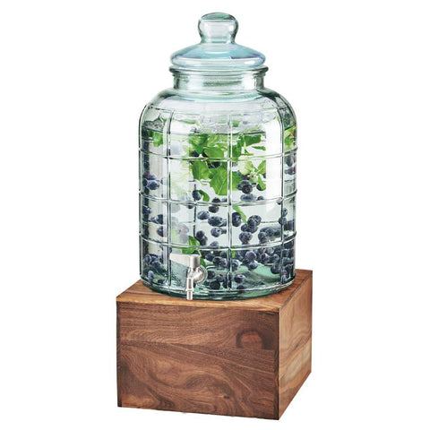 Cal Mil Glass Beverage Dispenser with Walnut Base, 10.25 x 10.25 x 21 inch.