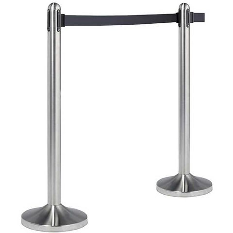 American Metalcraft Brushed Stainless Steel Post and Base with Black Nylon Tape Barrier System -- 1 set.