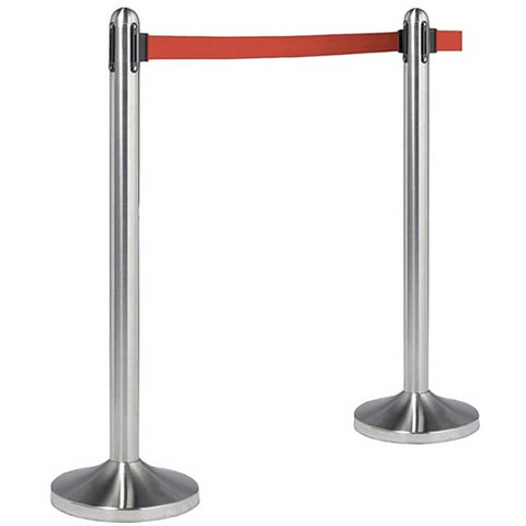 American Metalcraft Brushed Stainless Steel Post and Base with Red Nylon Tape Barrier System -- 1 set.