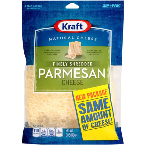 Kraft Zip Pak Natural Finely Shredded Parmesan Cheese, 6 Ounce -- 12 per case.