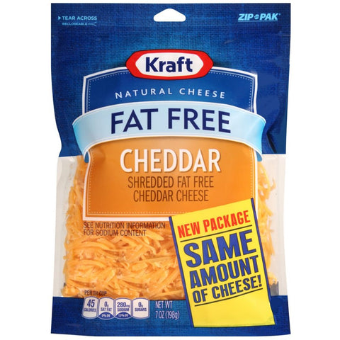 Kraft Zip Pak Natural Shredded Fat Free Cheddar Cheese, 7 Ounce -- 12 per case.