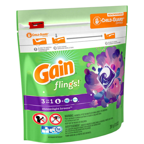 Gain Pods Flings Moonlight Breeze Detergent Liquid, 16 count per pack -- 6 per case.