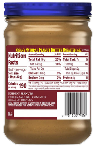 Adams Natural Unsalted Creamy Peanut Butter, 16 Ounce -- 6 per case.