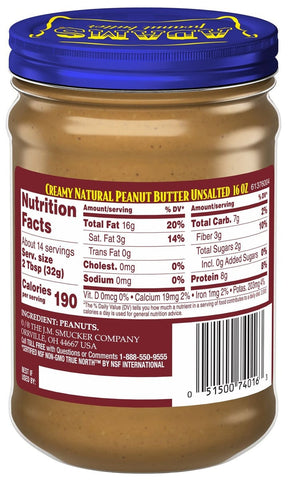Adams Natural Unsalted Creamy Peanut Butter, 16 Ounce -- 6 per case.