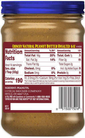 Adams Natural Unsalted Crunchy Peanut Butter, 16 Ounce -- 6 per case.