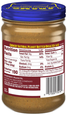 Adams Natural Unsalted Crunchy Peanut Butter, 16 Ounce -- 6 per case.