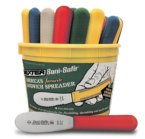 Dexter Russell Sani-Safe Bucket of 48 Colored Handle Spreader Knife.