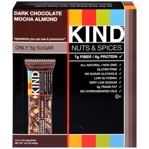 KIND Nuts and Spices Bar, Dark Chocolate Mocha Almond, 1.4 oz Bar, 12/Box