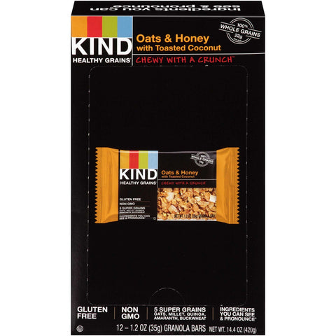 KIND Healthy Grains Bar, Oats and Honey with Toasted Coconut, 1.2 oz, 12/Box