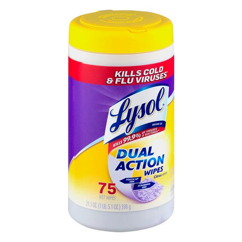 LYSOL Brand Citrus Scent Dual Action Disinfectant Wipes, 75 count per pack -- 6 per case.