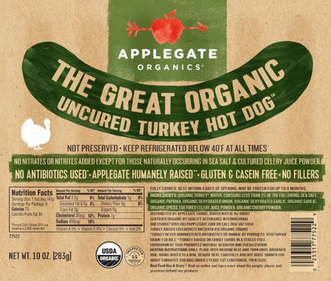 Applegate The Great Organic Uncured Turkey Hot Dog, 10 Ounce -- 12 per case.