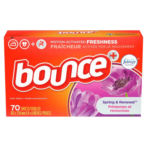 Bounce Spring and Renewal Fabric Softener Dryer Sheet, 70 count per pack -- 9 per case.