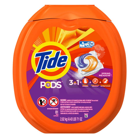 Tide Pods Spring Meadow Scent Detergent Liquid, 81 count per pack -- 4 per case.
