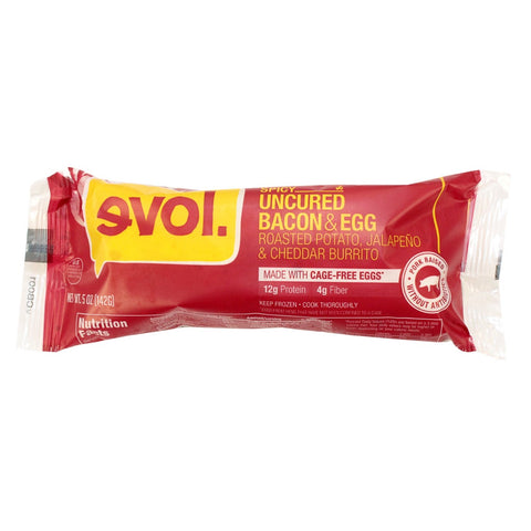 Evol Spicy Uncured Bacon Egg Roasted Potato Jalapeno and Cheddar Breakfast Burrito, 5 Ounce -- 12 per case.