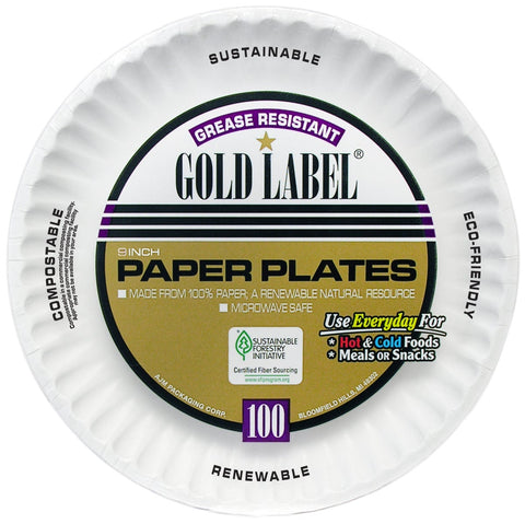 AJM Packaging Coated Gold Label Paper Plate, 9 inch -- 1200 per case.