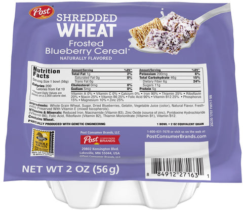 Post Blueberry Shredded Wheat Cereal, 2 Ounce -- 48 per case.
