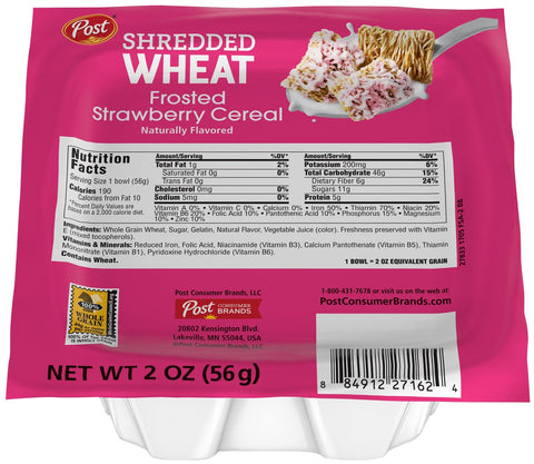 Post Shredded Wheat Frosted Strawberry Cereal, 2 Ounce -- 48 per case.