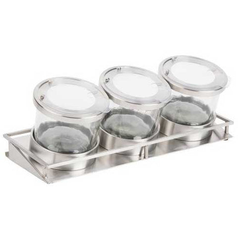 Cal Mil Mixology Cold Condiment 32 Ounce Three Jar with Notched Stainless Steel Lid Display, 16.375 x 5.875 x 5.75 inch.