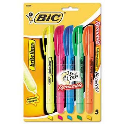 BIC Brite Liner Retractable Highlighter, Chisel Tip, Five-Color Set