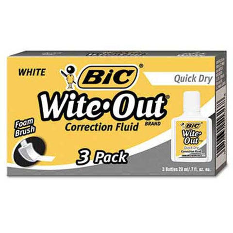 BIC Wite-Out Quick Dry Correction Fluid, 20 ml Bottle, White, 3/Pack