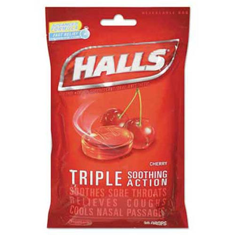 HALLS Triple Action Cough Drops, Cherry, 30/Bag