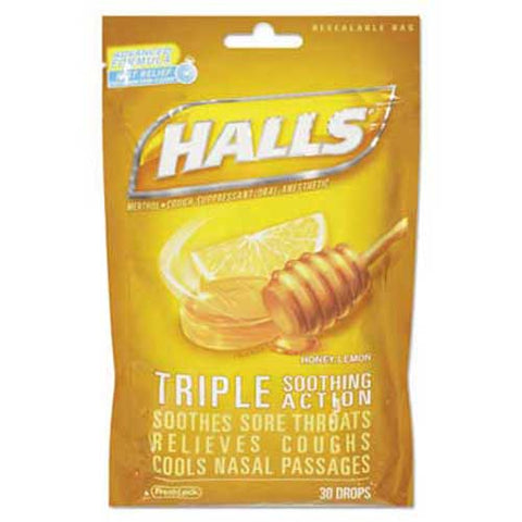 HALLS Triple Action Cough Drops, Honey-Lemon, 30/Bag
