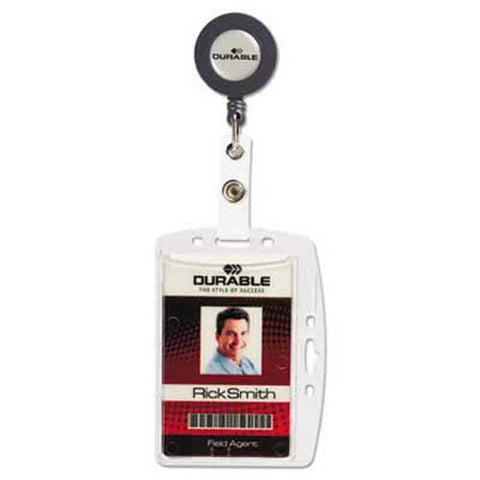 Durable Shell-Style ID Card Holder, Vertical/Horizontal, With Reel, Clear, 10/Pack