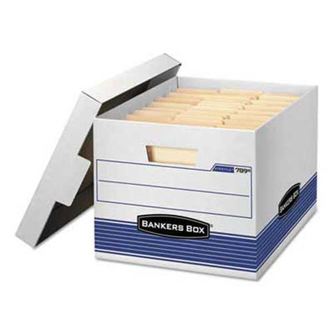 Bankers Box STOR/FILE Med-Duty Letter/Legal Storage Boxes, Locking Lid, White/Blue, 12/CT