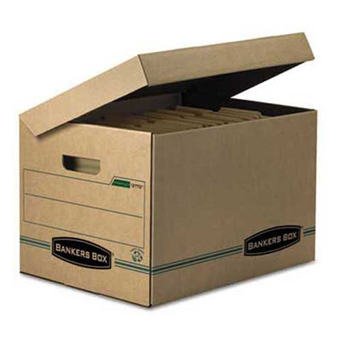 Bankers Box STOR/FILE Storage Box, Letter/Legal, Attached Lid, Kraft/Green, 12/Carton