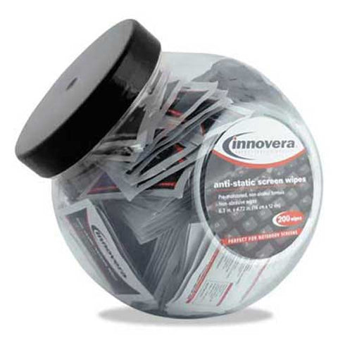 Innovera Anti-Static Screen Cleaning Wipes, 200 Sachets, Fishbowl Black Top