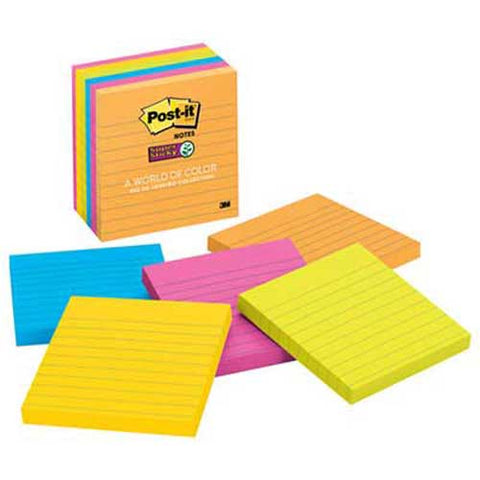 Post-it Notes Super Sticky Pads in Rio de Janeiro Colors, 4 x 4, Lined, 90/Pad, 6 Pads/Pack