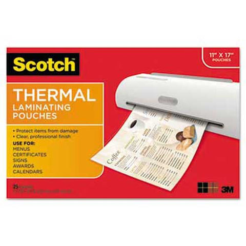 Scotch Menu Size Thermal Laminating Pouches, 3 mil, 17 1/2 x 11 1/2, 25 per Pack