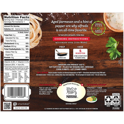 Nestle Stouffers Entree Fettuccini in Alfredo Sauce, 11.5 Ounce -- 12 per case.