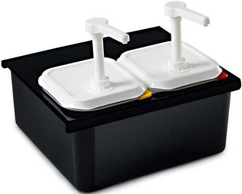 Araven Black Double 1/6 Size Sauce and Condiment Dispenser with Pump, 15 x 8 7/8 x 7 5/7 inch.