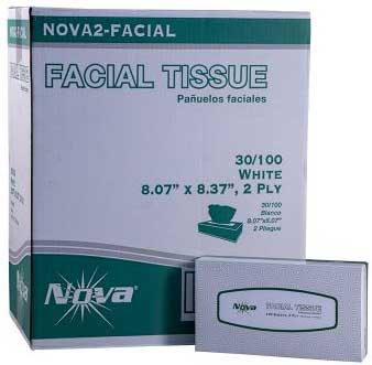 Nova 2 Ply White Facial Tissue, 7 x 7.5 inch - 100 count per pack -- 30 packs per case