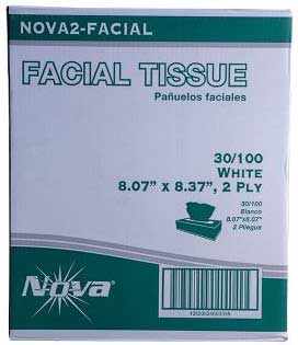Nova 2 Ply White Facial Tissue, 7 x 7.5 inch - 100 count per pack -- 30 packs per case