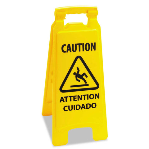 Boardwalk Yellow 2 Sided Plastic Caution Safety Sign for Wet Floor, 10 x 2 x 26 inch