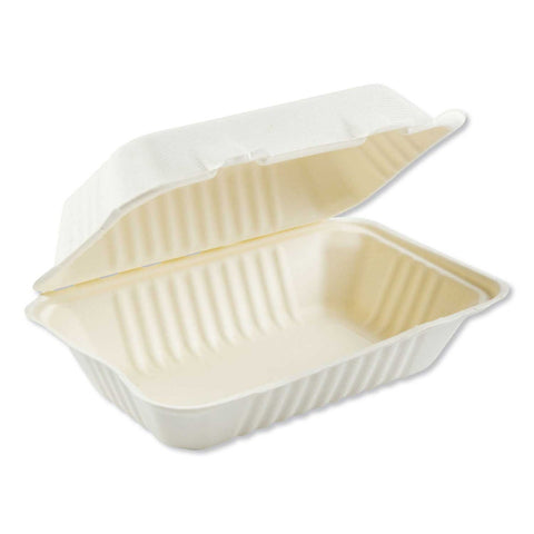 Boardwalk White 1 Compartment Hinged Lid Bagasse Food Container, 9 x 6 x 3.19 inch - 125 per pack -- 2 packs per case